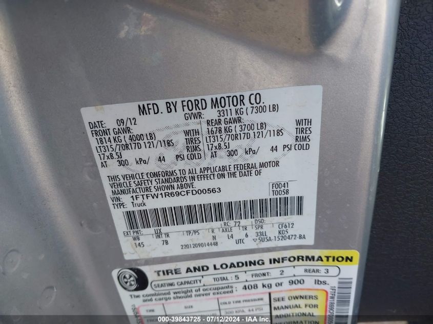 2012 Ford F-150 Svt Raptor VIN: 1FTFW1R69CFD00563 Lot: 39843725