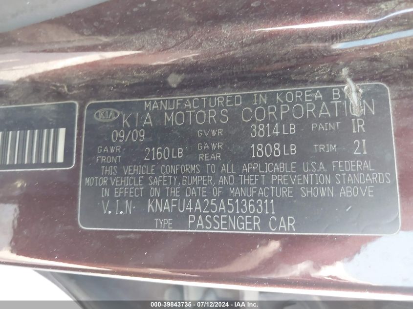 2010 Kia Forte Ex VIN: KNAFU4A25A5136311 Lot: 39843735