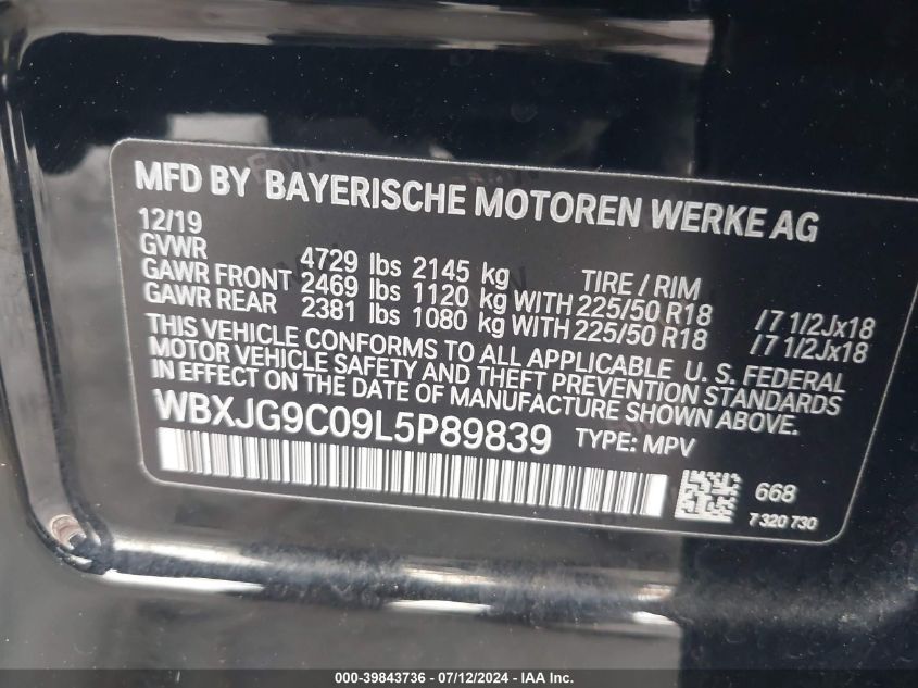 2020 BMW X1 xDrive28I VIN: WBXJG9C09L5C89839 Lot: 39843736