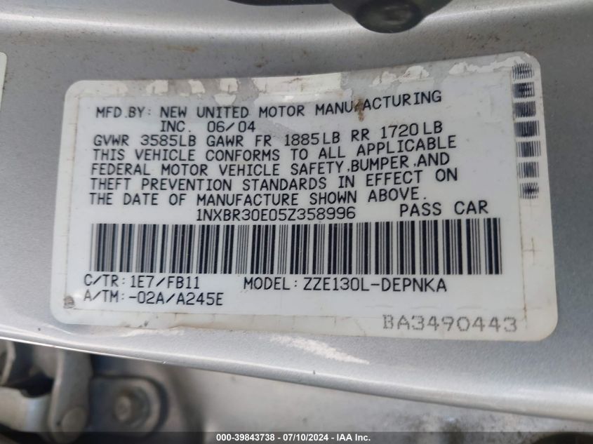 2005 Toyota Corolla Le VIN: 1NXBR30E05Z358996 Lot: 39843738