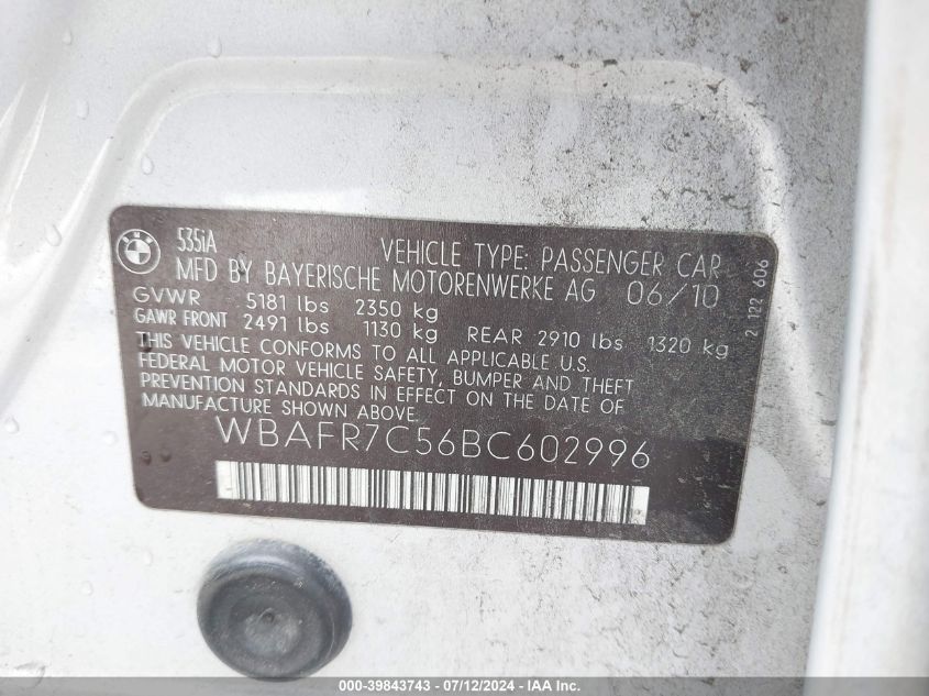 2011 BMW 535I VIN: WBAFR7C56BC602996 Lot: 39843743