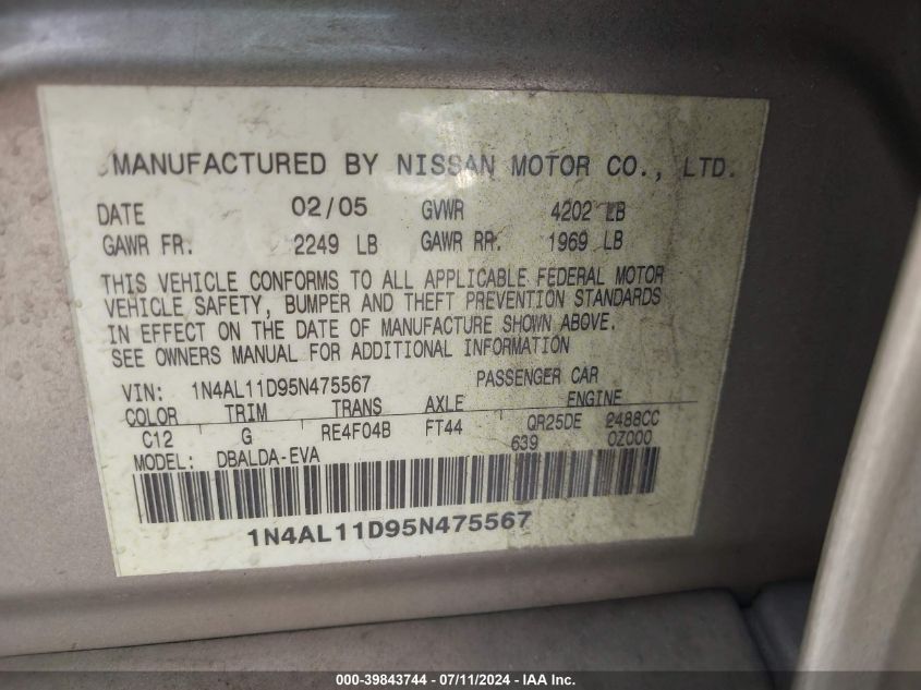 2005 Nissan Altima 2.5 S VIN: 1N4AL11D95N475567 Lot: 39843744