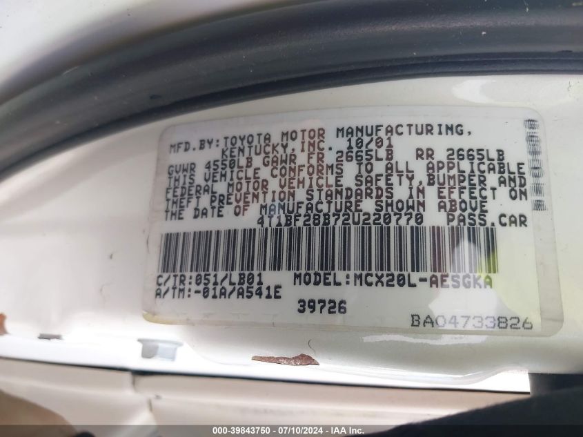 2002 Toyota Avalon Xl/Xls VIN: 4T1BF28B72U220770 Lot: 39843750