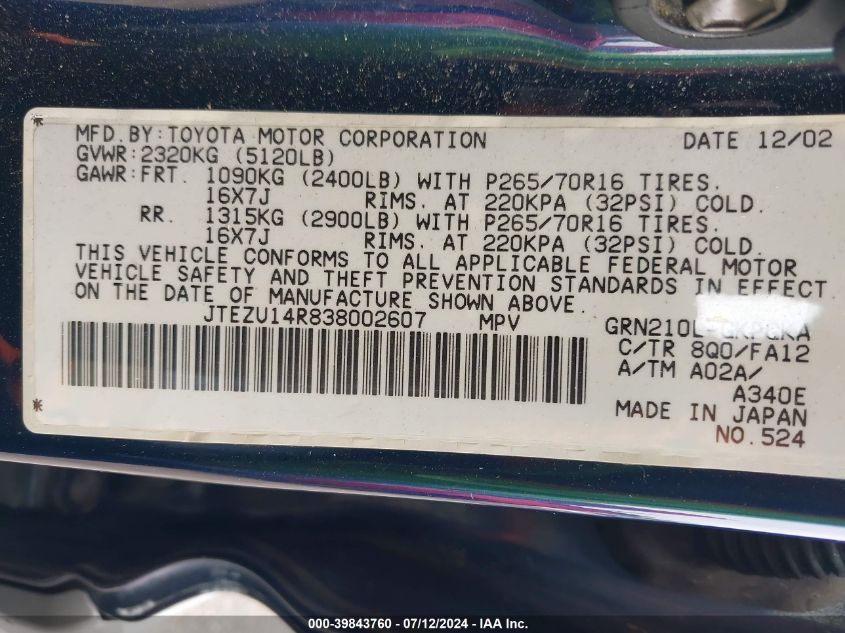 2003 Toyota 4Runner Sr5 V6 VIN: JTEZU14R838002607 Lot: 39843760