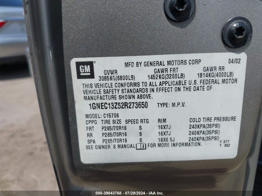 2002 Chevrolet Tahoe Lt VIN: 1GNEC13Z52R273650 Lot: 39843768