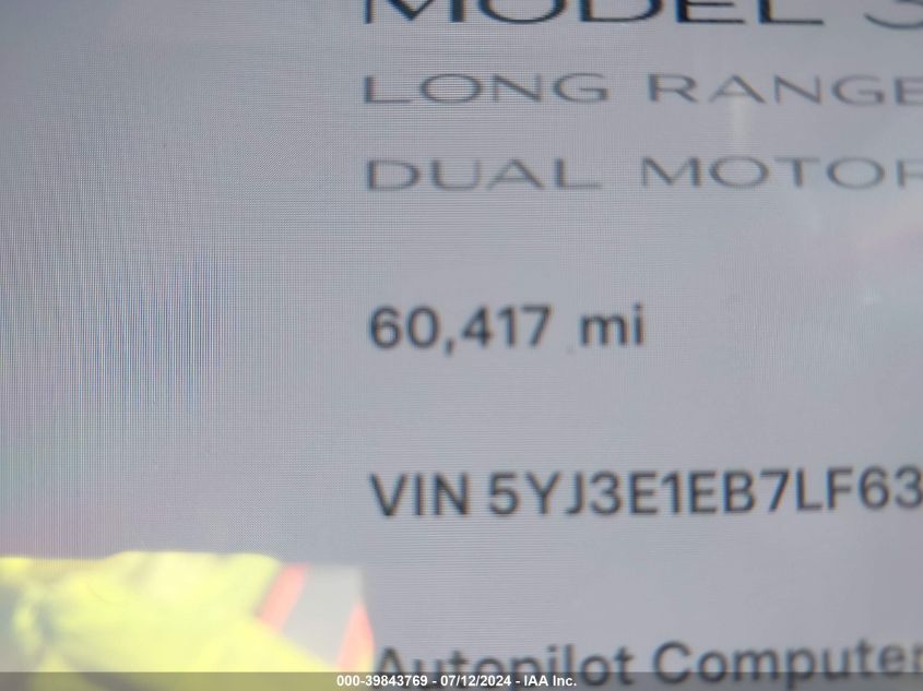 2020 Tesla Model 3 Long Range Dual Motor All-Wheel Drive VIN: 5YJ3E1EB7LF639352 Lot: 39843769