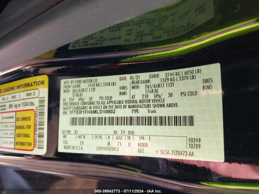2021 FORD RANGER XLT - 1FTER1FH6MLD10902