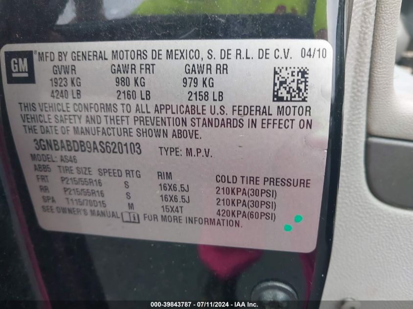 2010 Chevrolet Hhr Lt VIN: 3GNBABDB9AS620103 Lot: 39843787