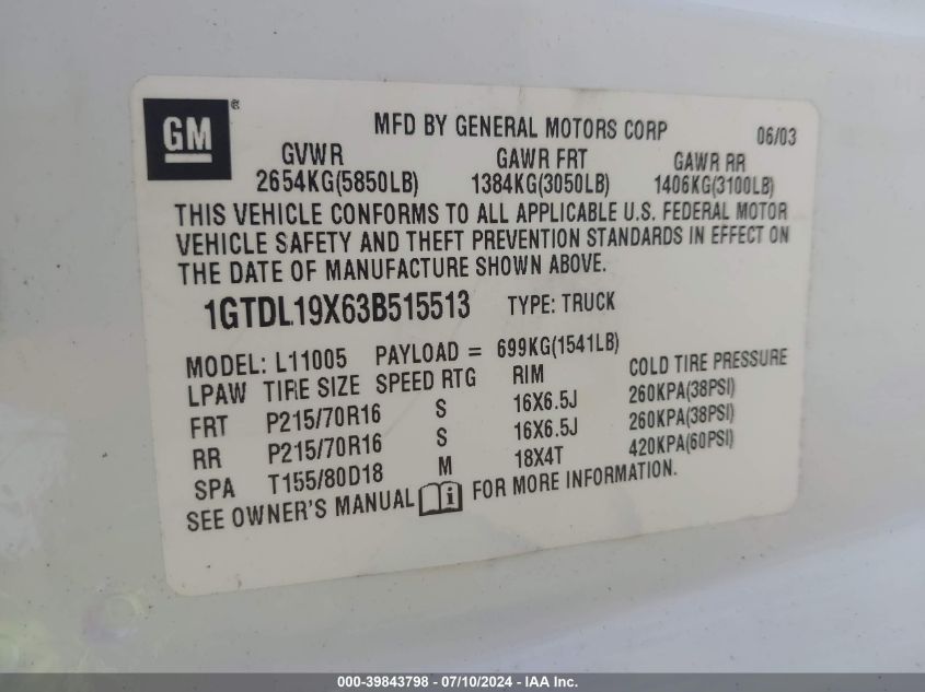 2003 GMC Safari Standard VIN: 1GTDL19X63B515513 Lot: 39843798
