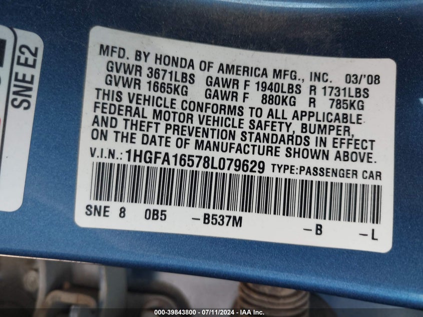 2008 Honda Civic Lx VIN: 1HGFA16578L079629 Lot: 39843800
