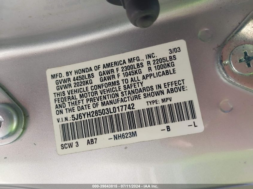 2003 Honda Element Ex VIN: 5J6YH28503L017742 Lot: 39843815