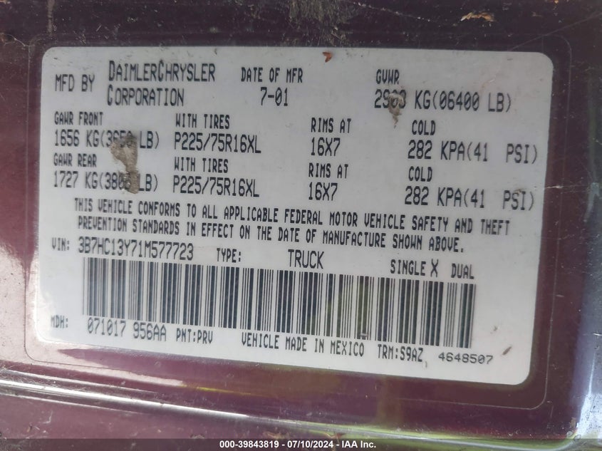 2001 Dodge Ram 1500 St VIN: 3B7HC13Y71M577723 Lot: 39843819