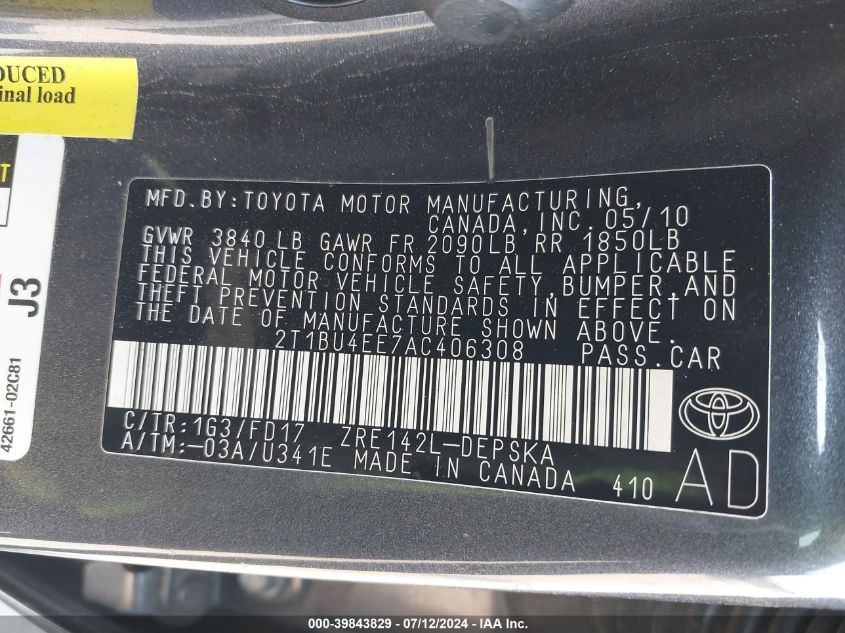 2010 Toyota Corolla S/Le/Xle VIN: 2T1BU4EE7AC406308 Lot: 39843829