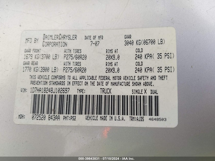 2008 Dodge Ram 1500 Slt VIN: 1D7HA18248J102697 Lot: 39843831