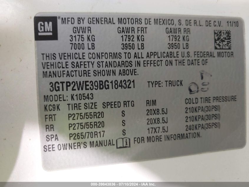 2011 GMC Sierra 1500 Slt VIN: 3GTP2WE39BG184321 Lot: 39843836