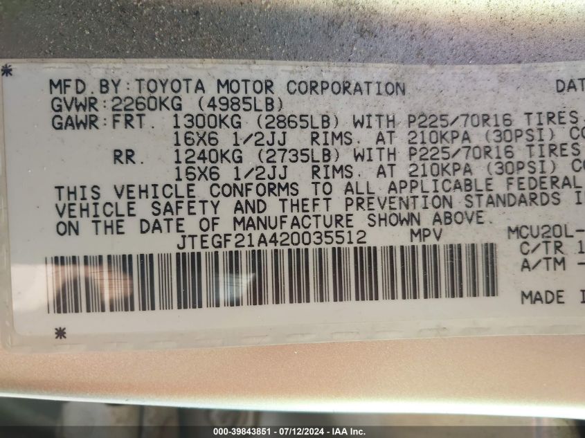 2002 Toyota Highlander Limited V6 VIN: JTEGF21A420035512 Lot: 39843851