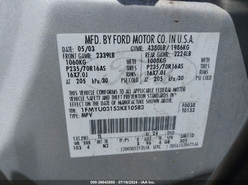 2003 Ford Escape Xlt VIN: 1FMYU03153KE10583 Lot: 39843855