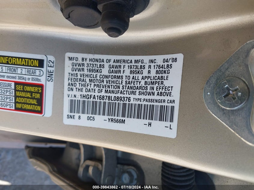 2008 Honda Civic Ex VIN: 1HGFA16878L089376 Lot: 39843862