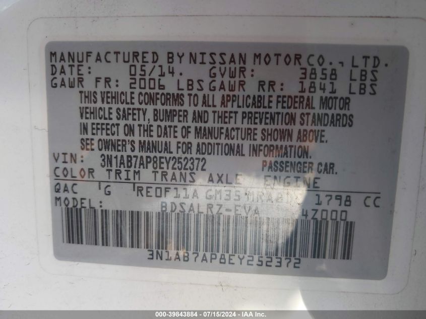 2014 Nissan Sentra Sr VIN: 3N1AB7AP8EY252372 Lot: 39843884