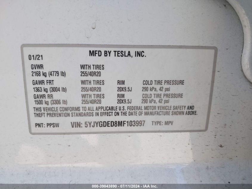 2021 Tesla Model Y Standard Range Rear-Wheel Drive VIN: 5YJYGDED8MF103997 Lot: 39843890