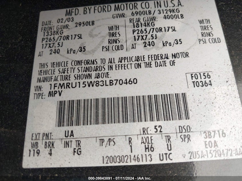 2003 Ford Expedition Xlt VIN: 1FMRU15W83LB70460 Lot: 39843891