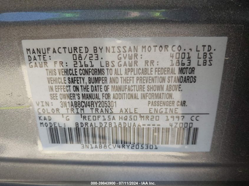 2024 Nissan Sentra Sv Xtronic Cvt VIN: 3N1AB8CV4RY205301 Lot: 39843900