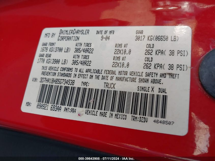 2005 Dodge Ram 1500 Srt-10 VIN: 3D7HA18H85G734538 Lot: 39843905