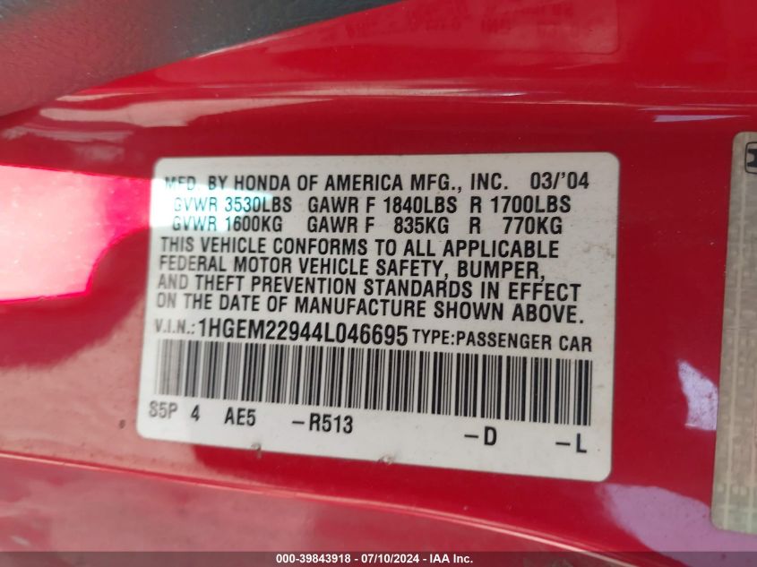 2004 Honda Civic Ex VIN: 1HGEM22944L046695 Lot: 39843918