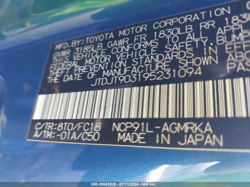 2009 Toyota Yaris VIN: JTDJT903195231094 Lot: 39843925