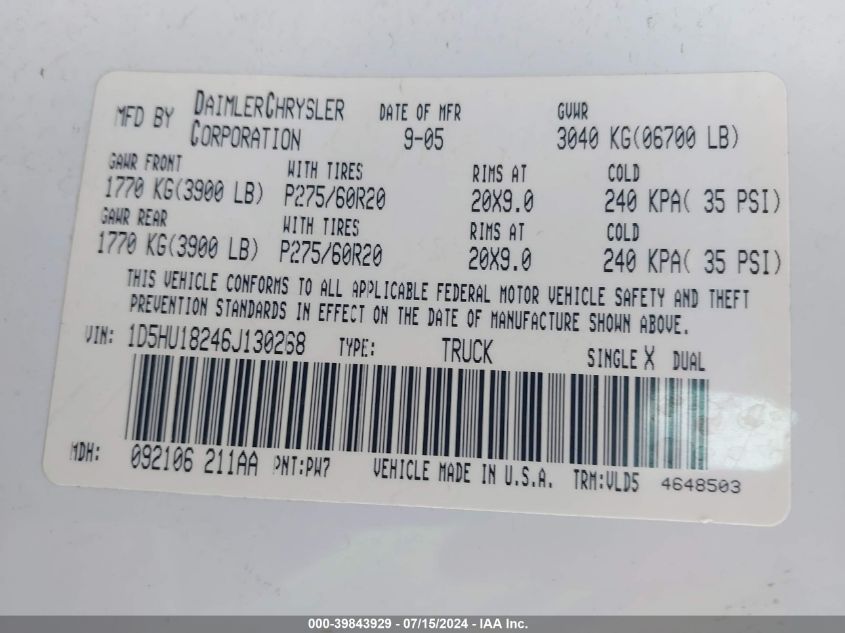2006 Dodge Ram 1500 St/Slt VIN: 1D5HU18246J130268 Lot: 39843929
