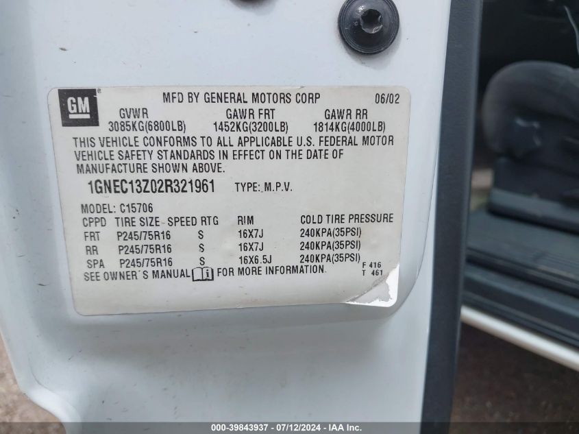 2002 Chevrolet Tahoe Ls VIN: 1GNEC13Z02R321961 Lot: 39843937