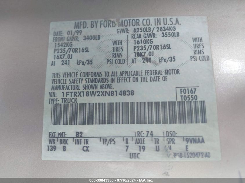 1999 Ford F-150 Lariat/Work Series/Xl/Xlt VIN: 1FTRX18W2XNB14838 Lot: 39843960
