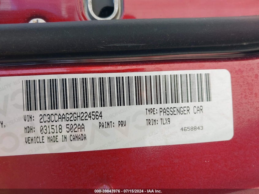 2016 Chrysler 300 Anniversary Edition VIN: 2C3CCAAG2GH224564 Lot: 39843976