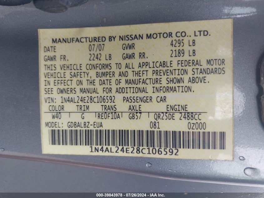 2008 Nissan Altima 2.5 S VIN: 1N4AL24E28C106592 Lot: 39843978