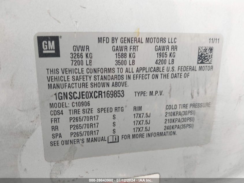 2012 Chevrolet Suburban 1500 Lt VIN: 1GNSCJE0XCR169853 Lot: 39843980