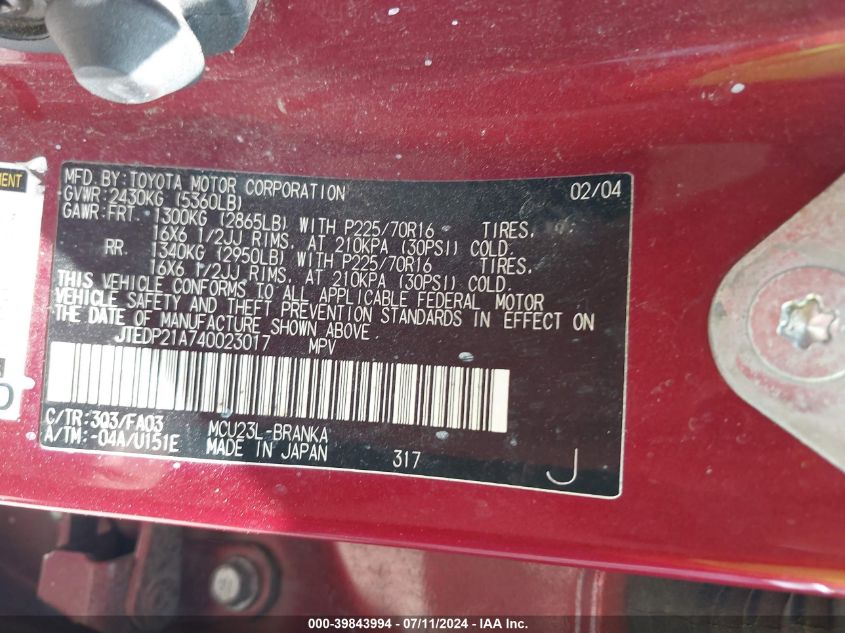 2004 Toyota Highlander V6 VIN: JTEDP21A740023017 Lot: 39843994