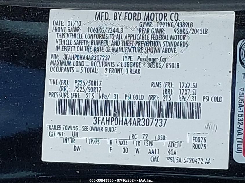 2010 Ford Fusion Se VIN: 3FAHP0HA4AR307237 Lot: 39843995