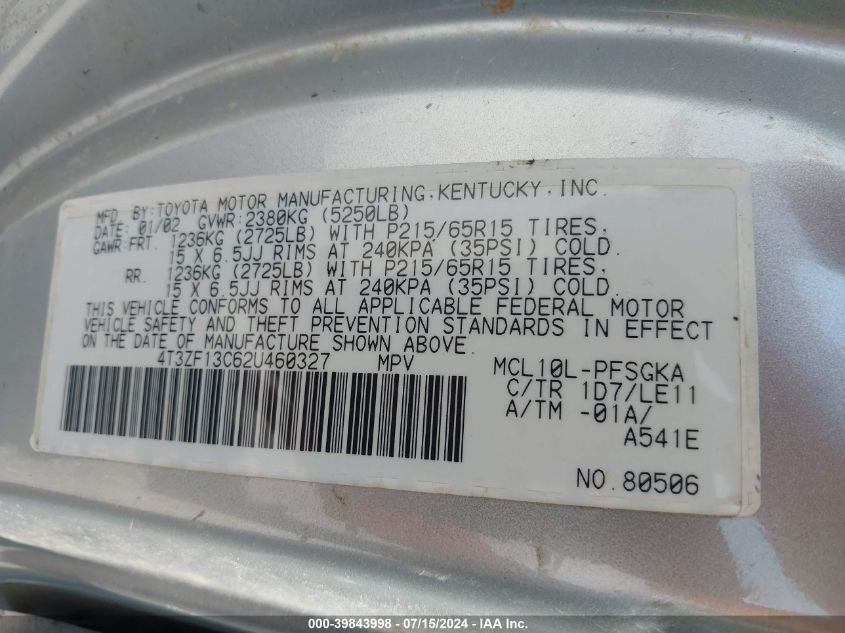 2002 Toyota Sienna Xle VIN: 4T3ZF13C62U460327 Lot: 39843998