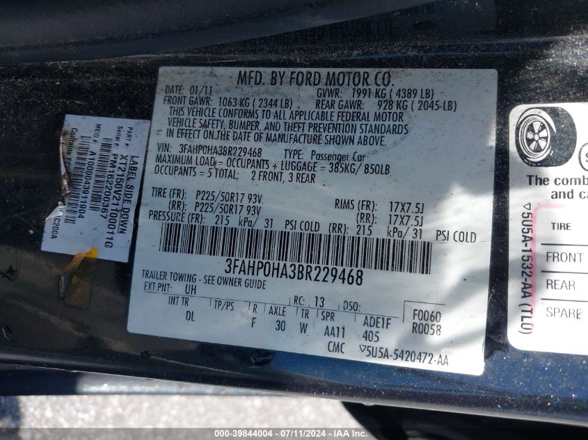 2011 Ford Fusion Se VIN: 3FAHP0HA3BR229468 Lot: 39844004