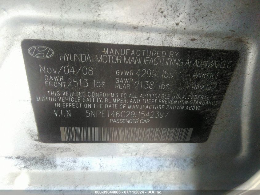 5NPET46C29H542397 2009 Hyundai Sonata Gls