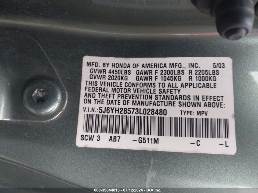 2003 Honda Element Ex VIN: 5J6YH28573L028480 Lot: 39844015