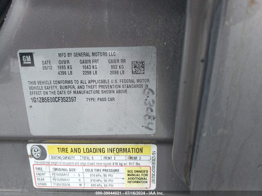 2012 Chevrolet Malibu Ls VIN: 1G1ZB5E00CF352397 Lot: 39844021