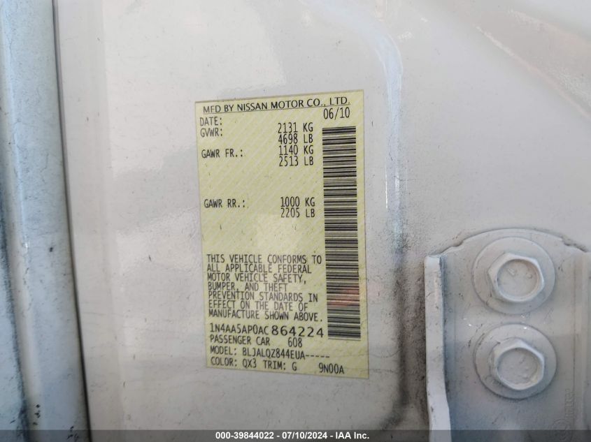2010 Nissan Maxima 3.5 S VIN: 1N4AA5AP0AC864224 Lot: 39844022