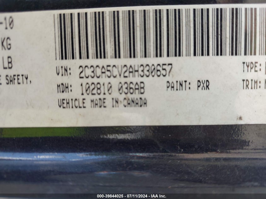 2010 Chrysler 300 Touring/Signature Series/Executive Series VIN: 2C3CA5CV2AH330657 Lot: 39844025
