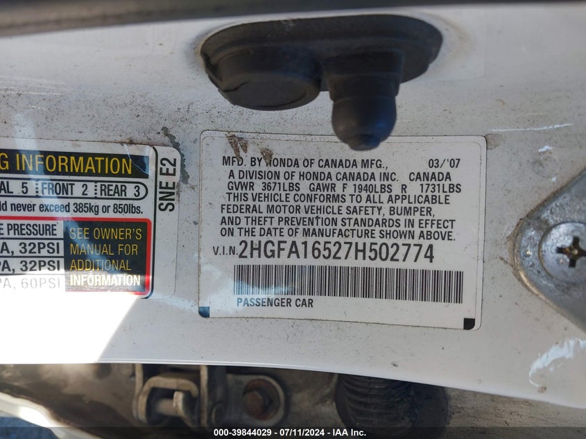 2007 Honda Civic Lx VIN: 2HGFA16527H502774 Lot: 39844029