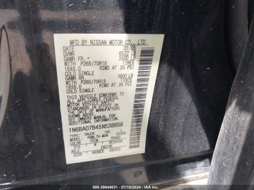2005 Nissan Titan Se VIN: 1N6BA07B45N538656 Lot: 39844031