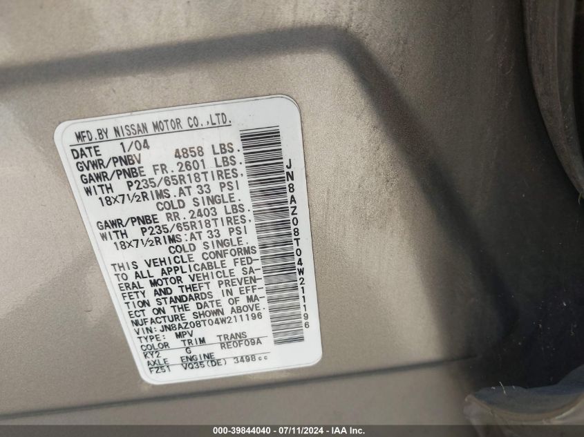 2004 Nissan Murano Sl VIN: JN8AZ08T04W211196 Lot: 39844040