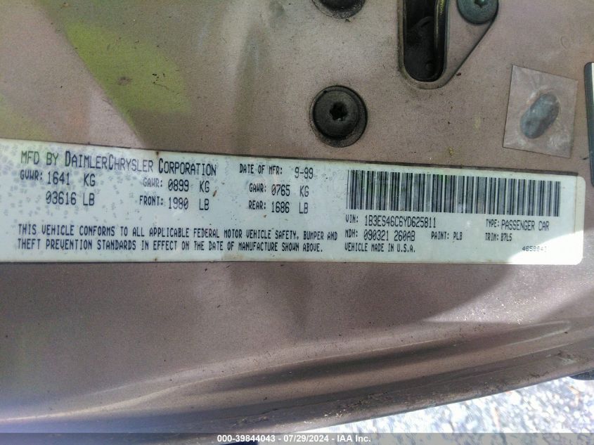 2000 Dodge Neon Highline VIN: 1B3ES46C6YD625811 Lot: 39844043