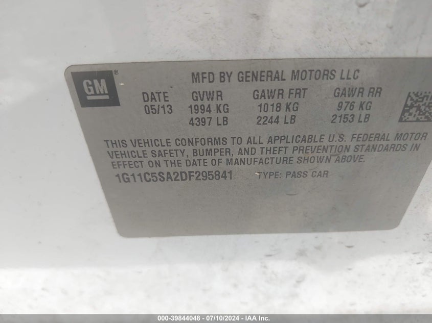 2013 Chevrolet Malibu 1Lt VIN: 1G11C5SA2DF295841 Lot: 39844048