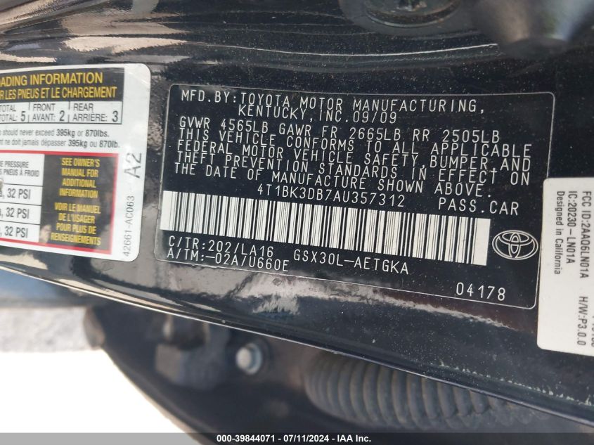 2010 Toyota Avalon Xls VIN: 4T1BK3DB7AU357312 Lot: 39844071